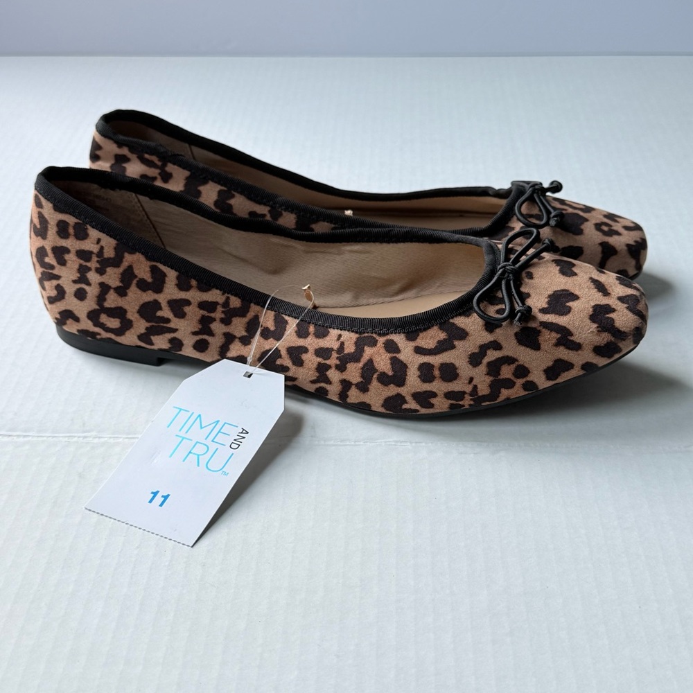 Time and Tru Leopard Print Ballet Flats Women’s Size 11 String Bow‎ Shoes New